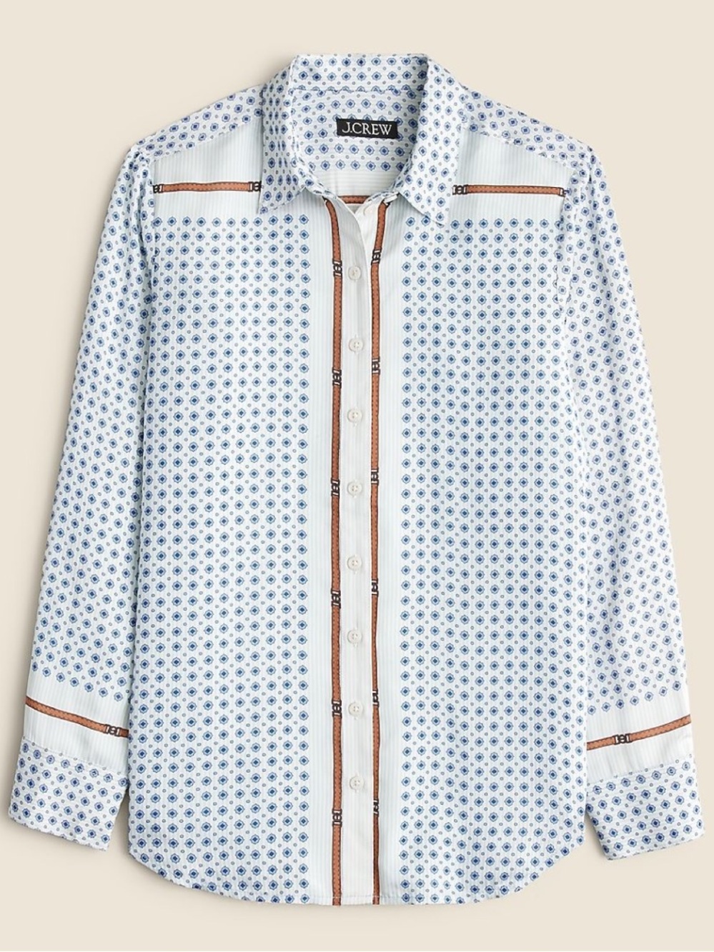 J. Crew White and Blue Patterned Cotton Button-Up Shirt with Brown Accents